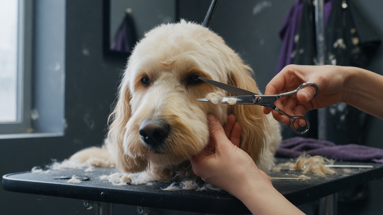 Goldendoodle being scissored on a grooming table