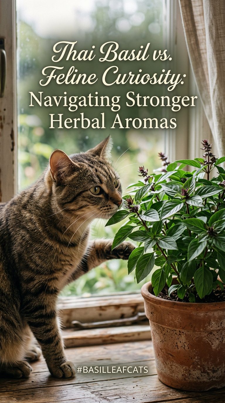 Is Basil Leaf Safe for Cats? 10 Crucial Facts & Vet Tips 2 basil leaf cats - Thai Basil vs. Feline Curiosity: Navigating Stronger Herbal Aromas (AI Generated Image)