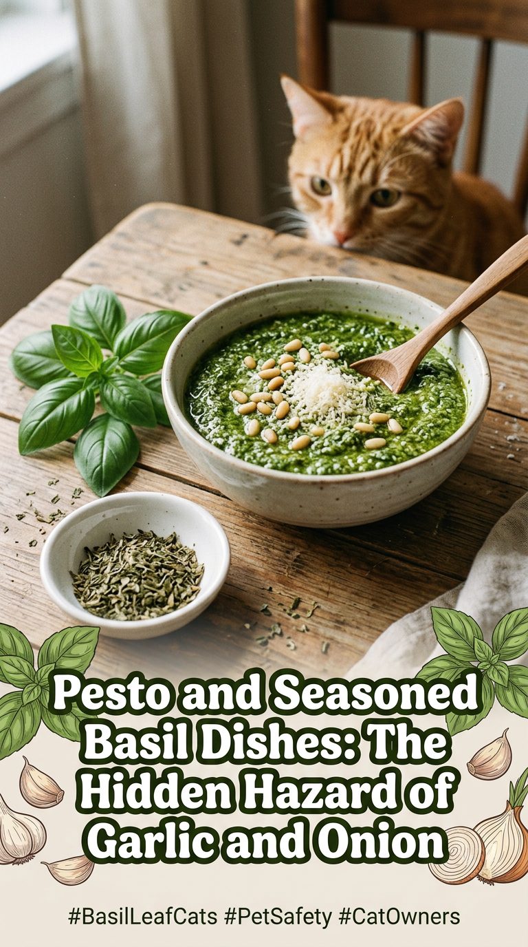 Is Basil Leaf Safe for Cats? 10 Crucial Facts & Vet Tips 7 basil leaf cats - Pesto and Seasoned Basil Dishes: The Hidden Hazard of Garlic and Onion (AI Generated Image)