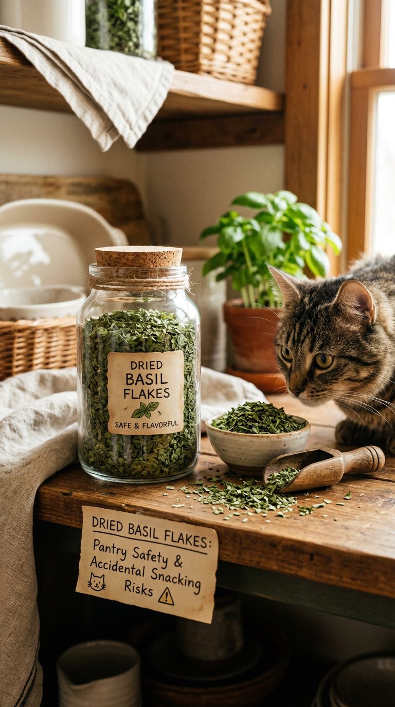 Is Basil Leaf Safe for Cats? 10 Crucial Facts & Vet Tips 8 basil leaf cats - Dried Basil Flakes: Pantry Safety and Accidental Snacking Risks (AI Generated Image)