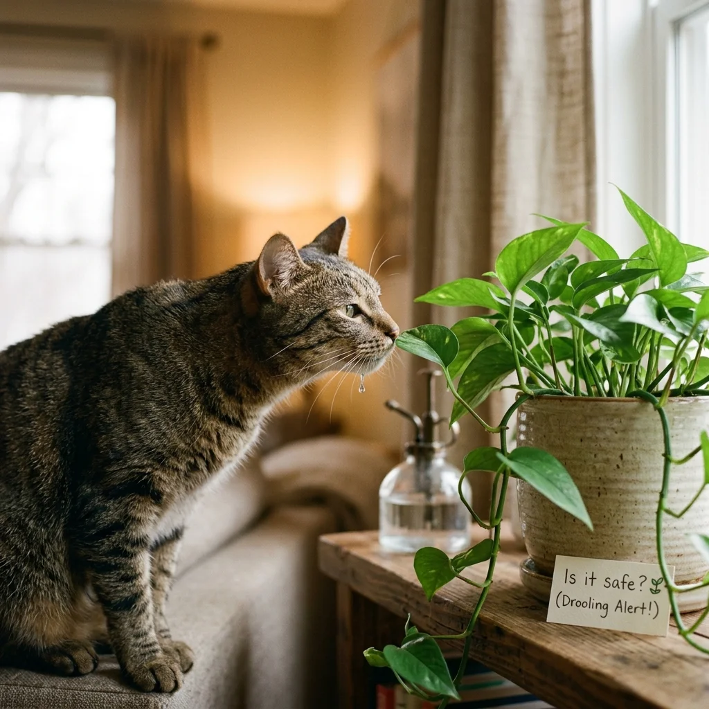 cat drooling Ingestion of Toxic Houseplants & Household Irritants (AI Generated Image)