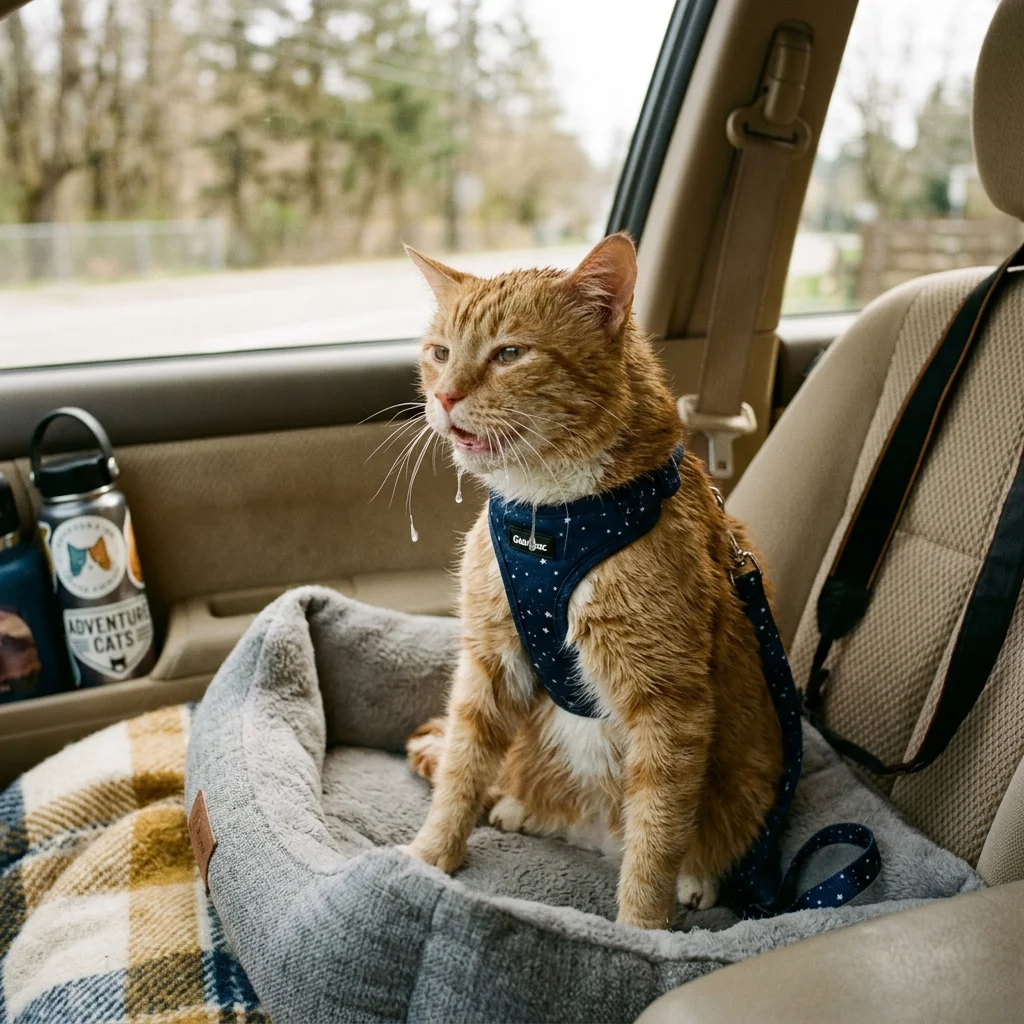 cat drooling Nausea, Car Motion Sickness & Gastrointestinal Upset (AI Generated Image)