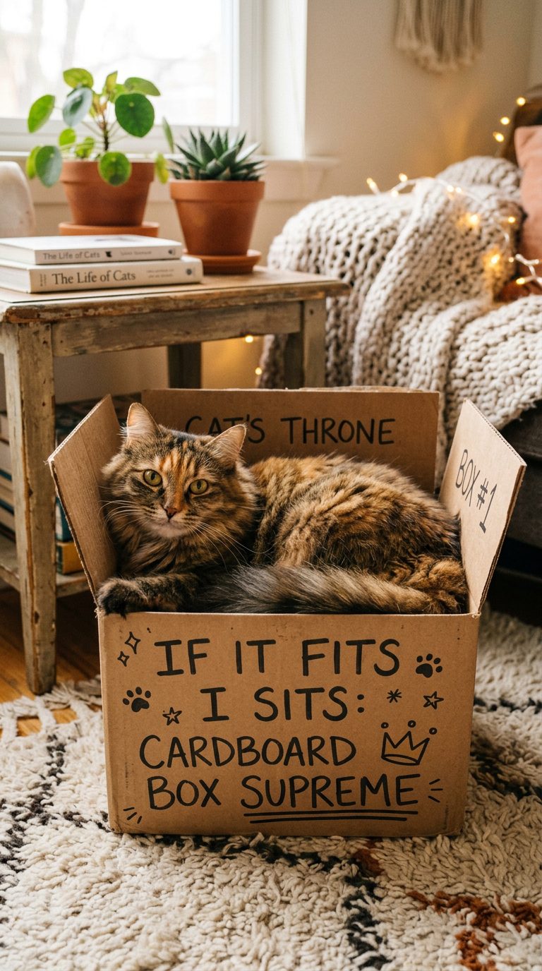 30 Unapologetically Chaotic Cat Memes for Pet Parents 4 cat memes - If It Fits I Sits: Cardboard Box Supreme (AI Generated Image)