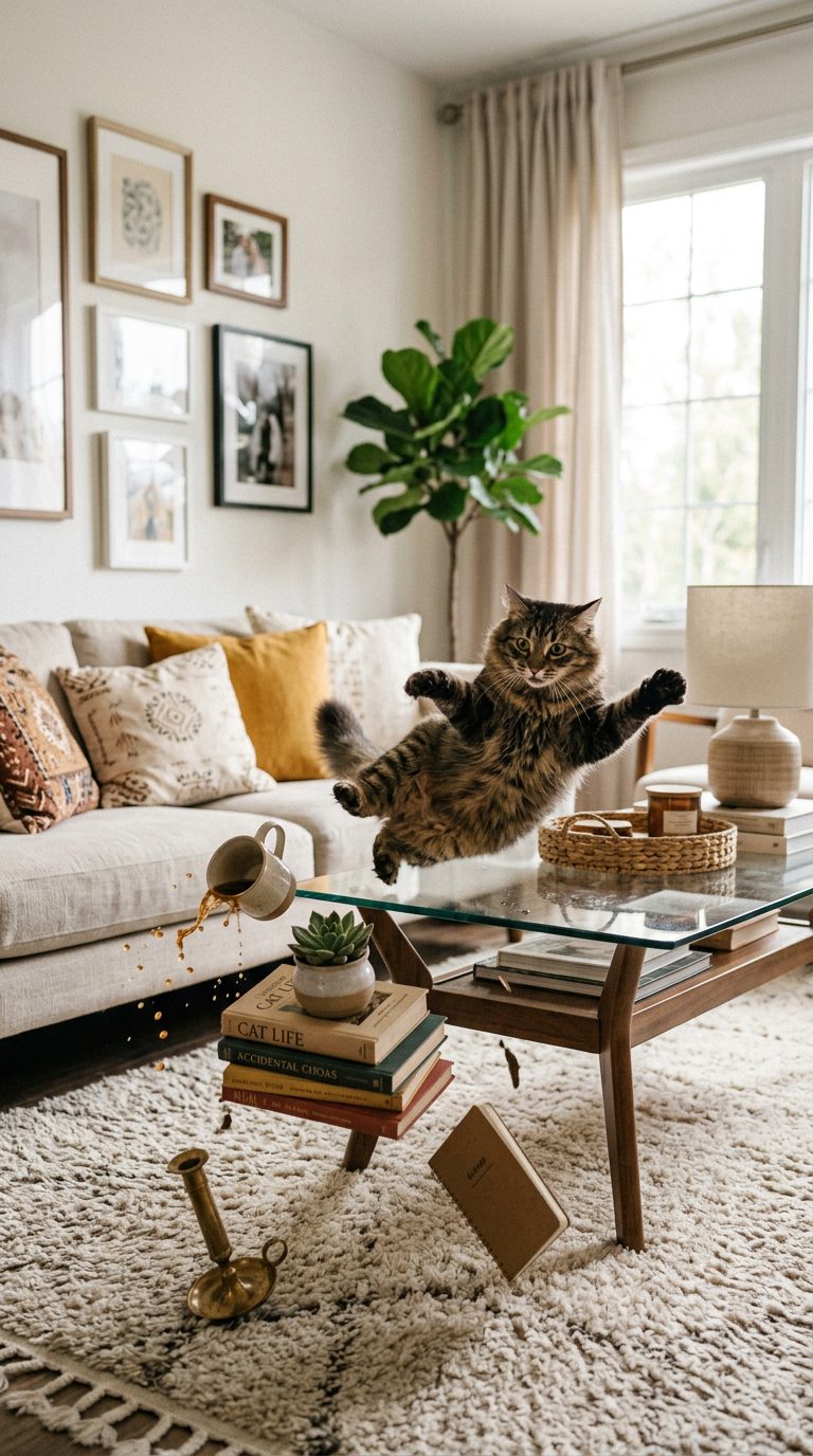 30 Unapologetically Chaotic Cat Memes for Pet Parents 6 cat memes - The Dramatic Glass Table Knock-off (AI Generated Image)