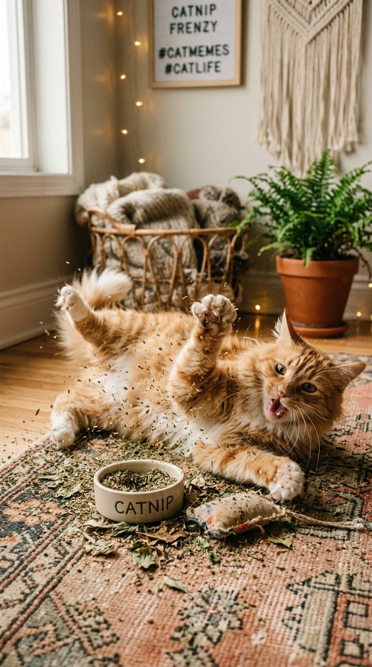 30 Unapologetically Chaotic Cat Memes for Pet Parents 12 cat memes - Catnip Herbal Thrash Frenzy (AI Generated Image)