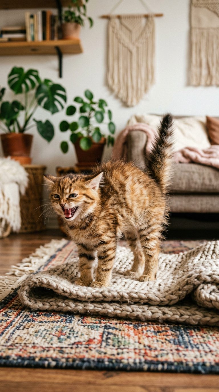 30 Unapologetically Chaotic Cat Memes for Pet Parents 16 cat memes - Spicy Kitten Hiss & Puff Stance (AI Generated Image)