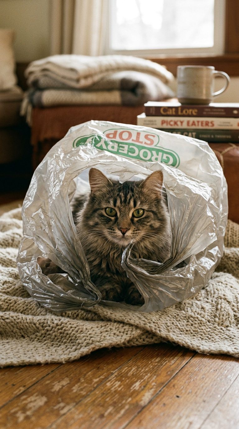 30 Unapologetically Chaotic Cat Memes for Pet Parents 22 cat memes - Crinkly Plastic Bag Hideout Obsession (AI Generated Image)