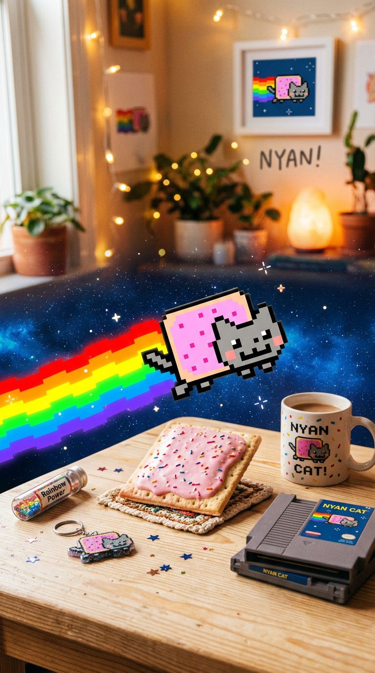 30 Unapologetically Chaotic Cat Memes for Pet Parents 25 cat memes - Nyan Cat Rainbow Pop-Tart Nostalgia (AI Generated Image)