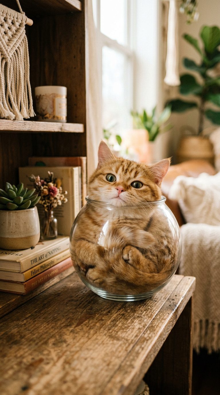 30 Funny Cat Pictures That Prove Feline Logic Makes Zero Sense 1 funny cat pictures - The Liquid Cat Squeezed Into a Tiny Glass Fishbowl (AI Generated Image)