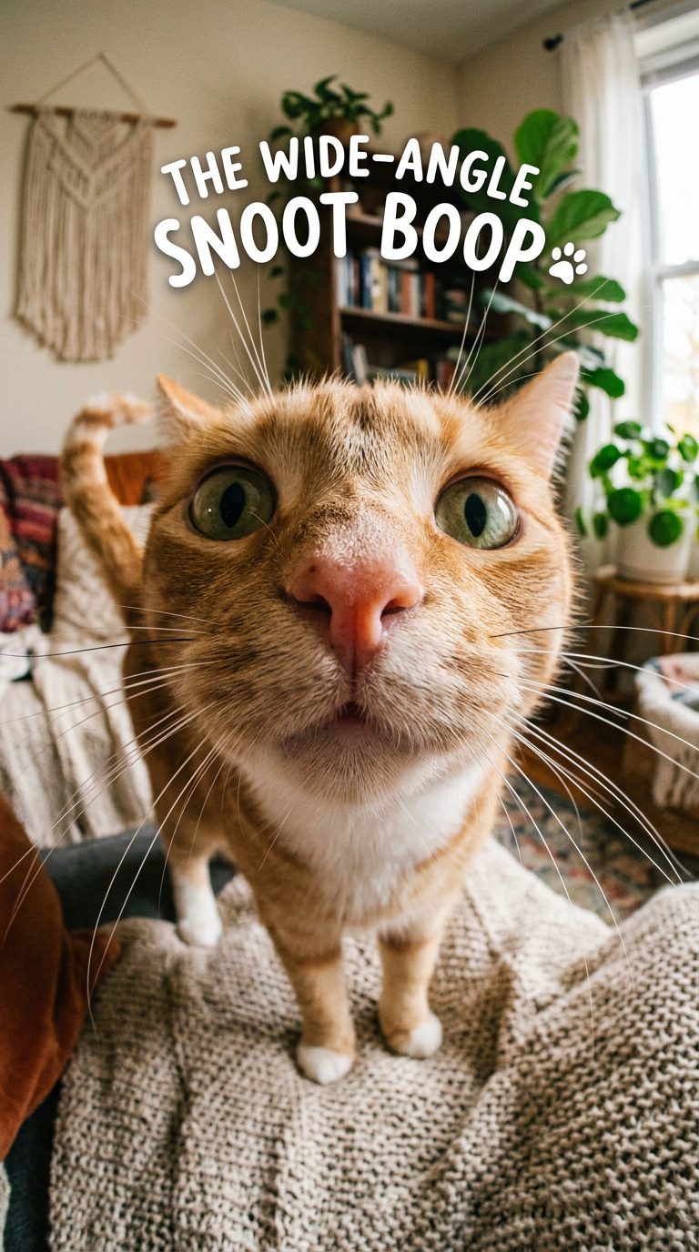 30 Funny Cat Pictures That Prove Feline Logic Makes Zero Sense 5 funny cat pictures - The Wide-Angle Snoot Boop That Distorts Feline Proportions (AI Generated Image)