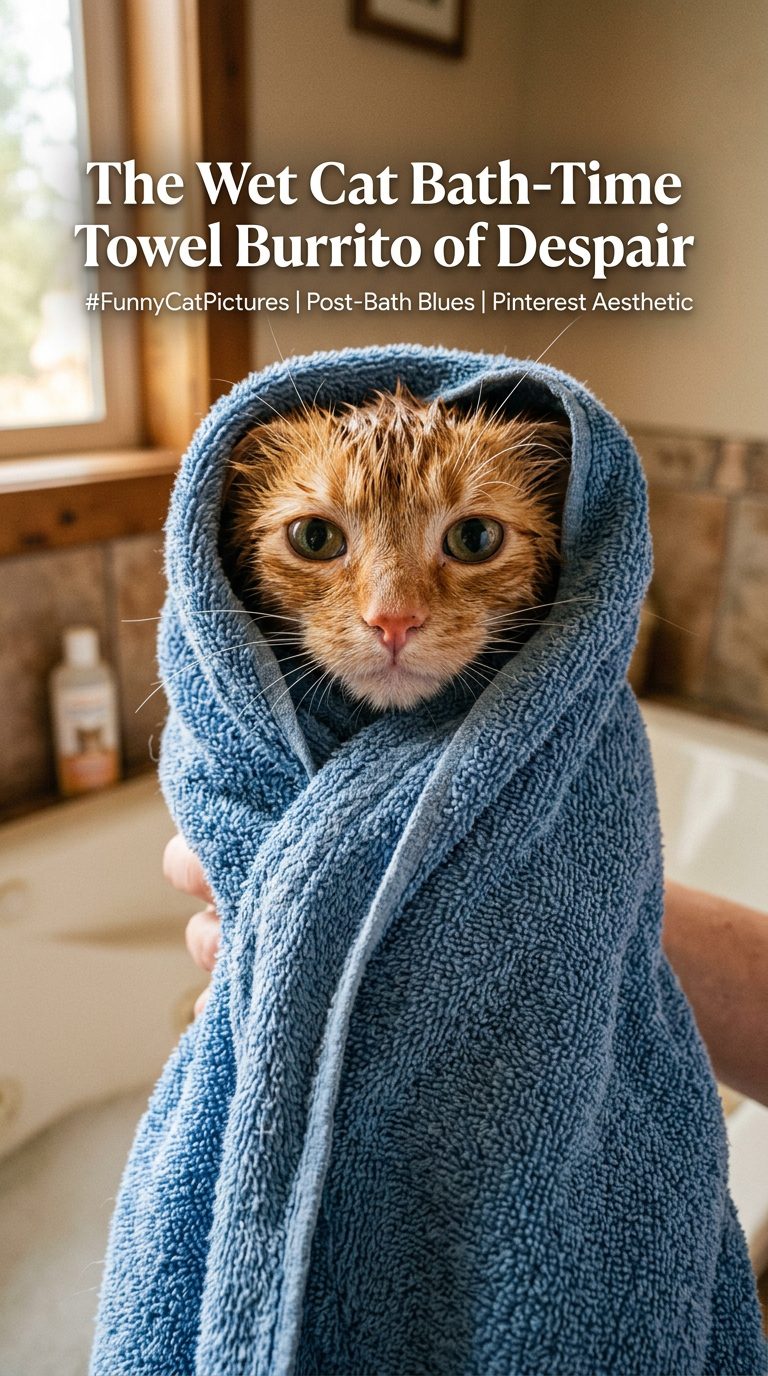 30 Funny Cat Pictures That Prove Feline Logic Makes Zero Sense 11 funny cat pictures - The Wet Cat Bath-Time Towel Burrito of Despair (AI Generated Image)