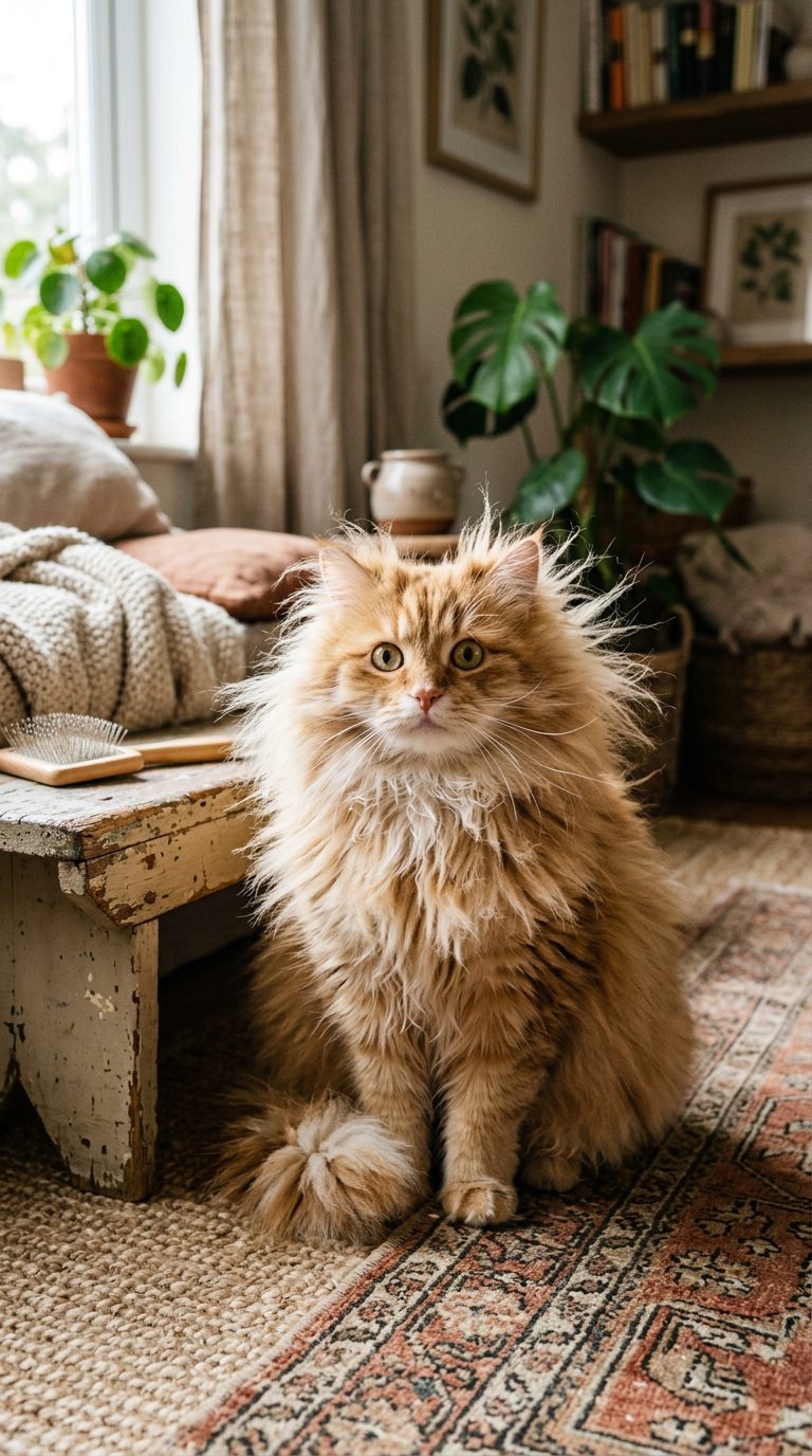 30 Funny Cat Pictures That Prove Feline Logic Makes Zero Sense 14 funny cat pictures - The Post-Slicker Brush Static Fur Explosion (AI Generated Image)
