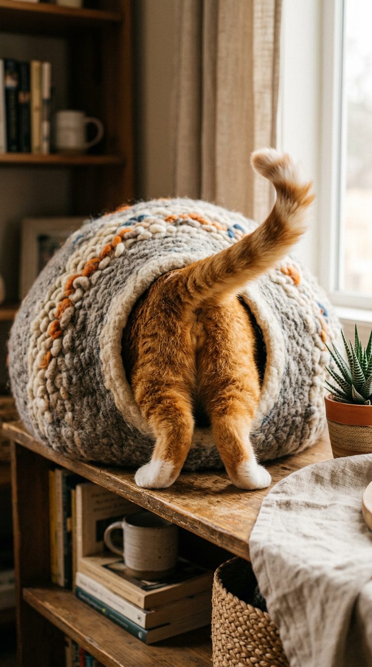 30 Funny Cat Pictures That Prove Feline Logic Makes Zero Sense 18 funny cat pictures - The Felted Wool Cave Butt-Out Hiding Spot Fail (AI Generated Image)