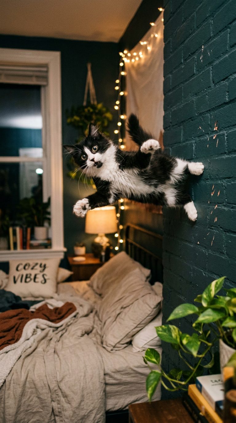 30 Funny Cat Pictures That Prove Feline Logic Makes Zero Sense 30 funny cat pictures - The Midnight Zoomies Wall-Rebound Action Shot (AI Generated Image)