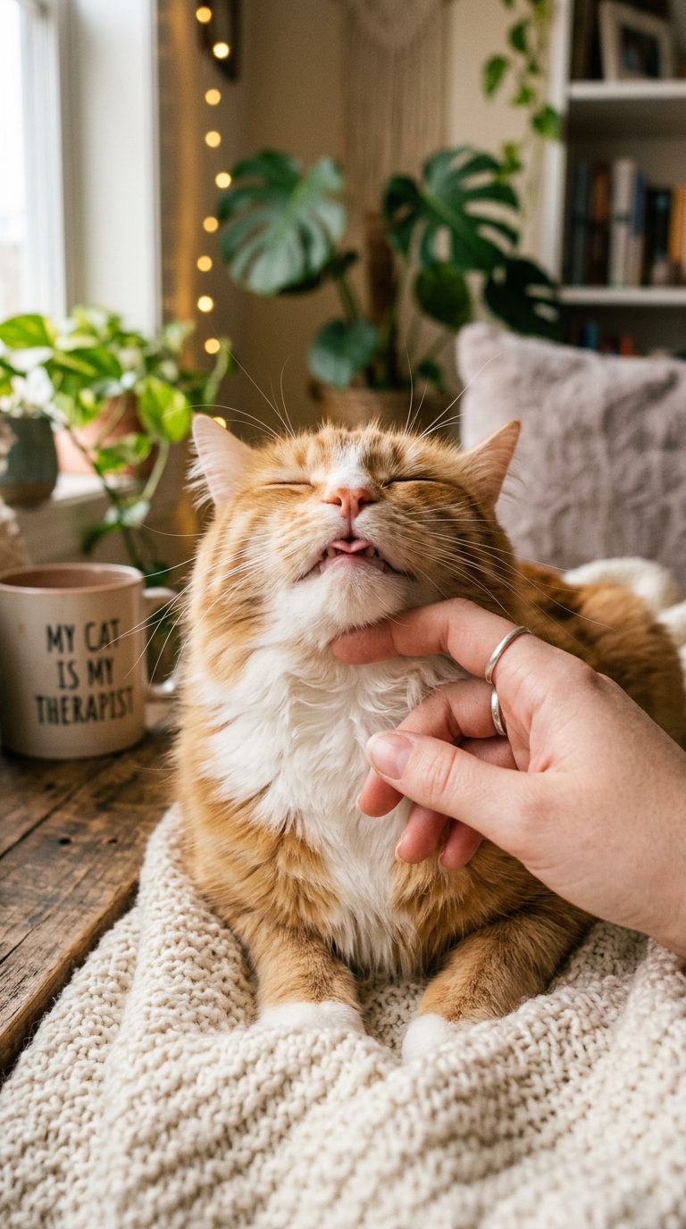 20 Silly Cat Behaviors Decoded (Plus Low-Stress Grooming Hacks) 10 silly cats - The Blissed-Out Grooming Face (Finding the Secret Scratch Spot) (AI Generated Image)