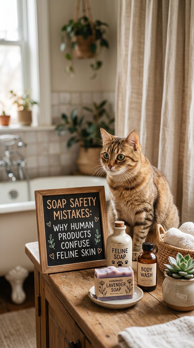 20 Silly Cat Behaviors Decoded (Plus Low-Stress Grooming Hacks) 17 silly cats - Soap Safety Mistakes: Why Human Products Confuse Feline Skin (AI Generated Image)
